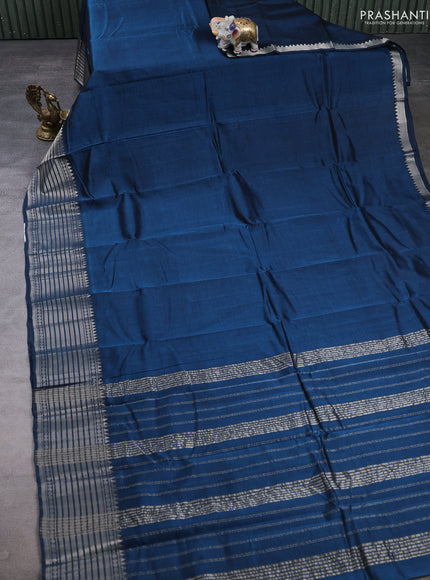 Mangalgiri silk cotton saree peacock blue and maroon shade with plain body and temple design silver zari woven border