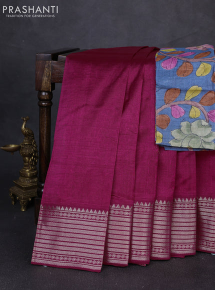 Mangalgiri silk cotton saree pink and bluish grey with plain body and temple design silver zari woven border
