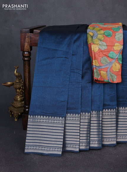 Mangalgiri silk cotton saree peacock blue and orange with plain body and temple design silver zari woven border