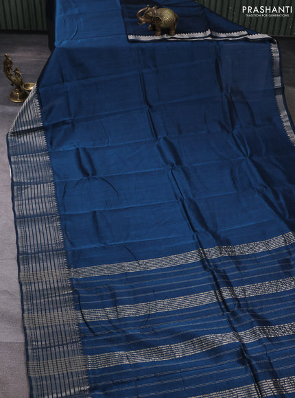 Mangalgiri silk cotton saree peacock blue and orange with plain body and temple design silver zari woven border