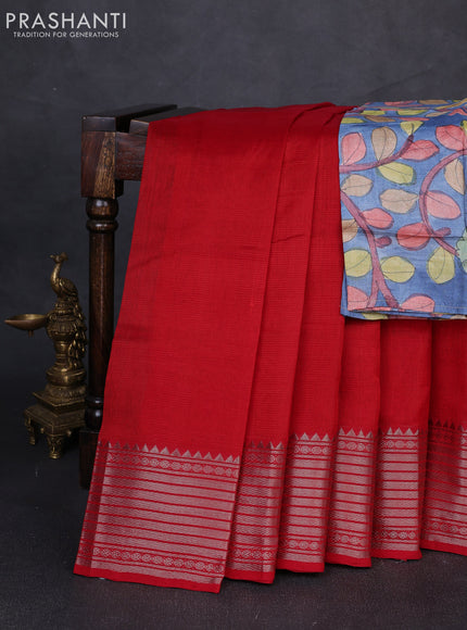 Mangalgiri silk cotton saree red and bluish grey with plain body and temple design silver zari woven border