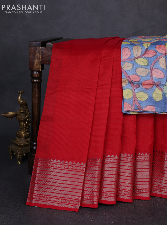Mangalgiri silk cotton saree red and bluish grey with plain body and temple design silver zari woven border