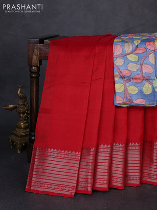 Mangalgiri silk cotton saree red and bluish grey with plain body and temple design silver zari woven border