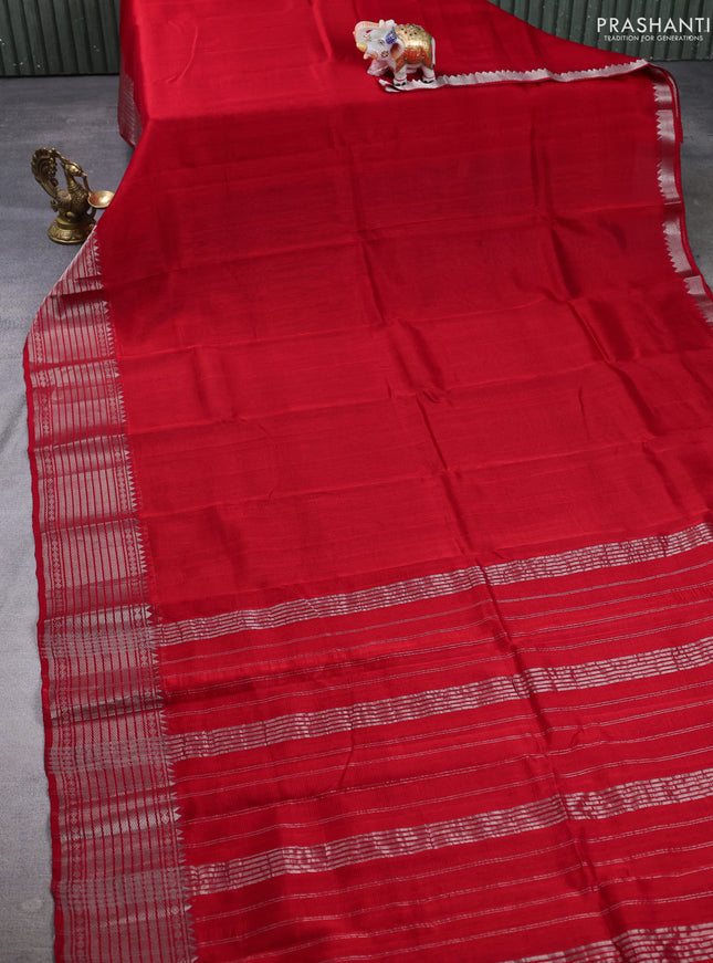 Mangalgiri silk cotton saree red and bluish grey with plain body and temple design silver zari woven border