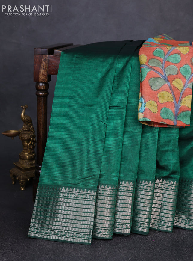 Mangalgiri silk cotton saree green and orange with plain body and temple design silver zari woven border
