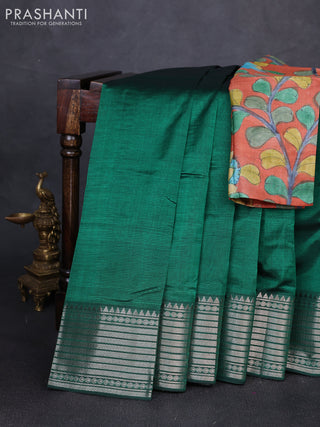Mangalgiri silk cotton saree green and orange with plain body and temple design silver zari woven border