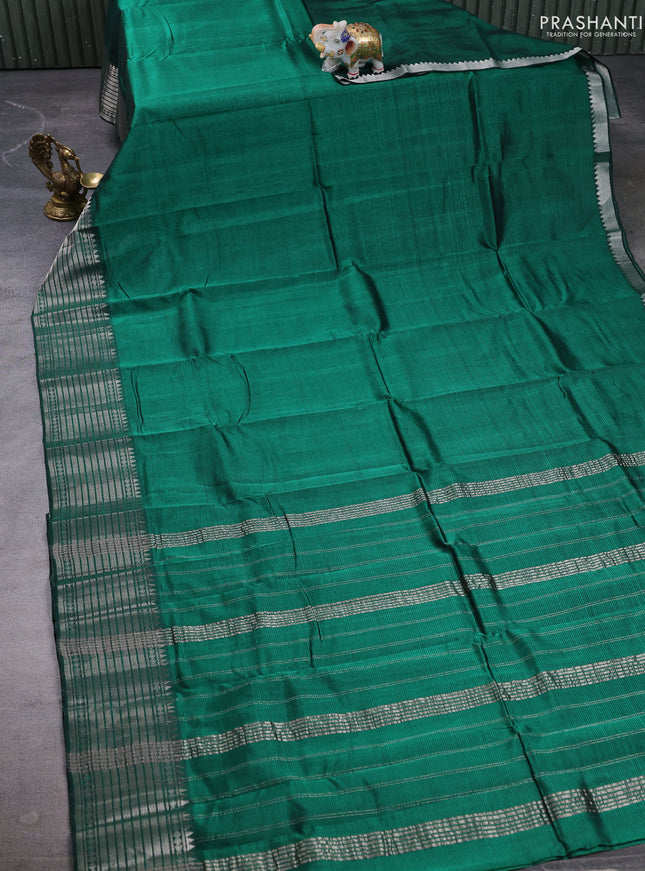 Mangalgiri silk cotton saree green and orange with plain body and temple design silver zari woven border