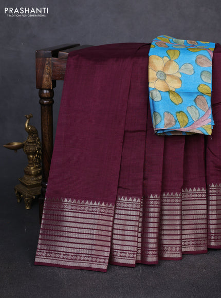Mangalgiri silk cotton saree deep wine and cs blue with plain body and temple design silver zari woven border