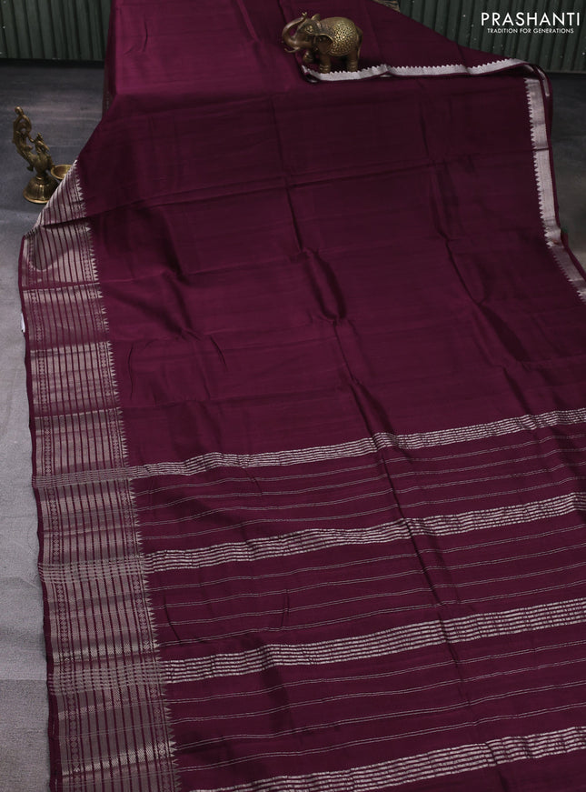 Mangalgiri silk cotton saree deep wine and cs blue with plain body and temple design silver zari woven border