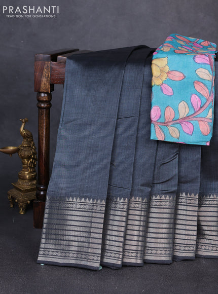 Mangalgiri silk cotton saree grey and teal blue with plain body and temple design silver zari woven border