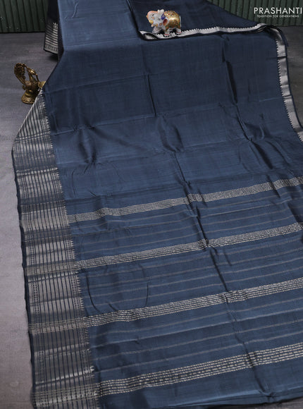 Mangalgiri silk cotton saree grey and teal blue with plain body and temple design silver zari woven border