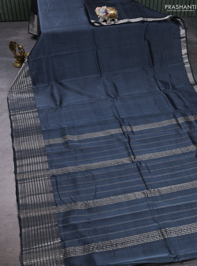 Mangalgiri silk cotton saree grey and teal blue with plain body and temple design silver zari woven border