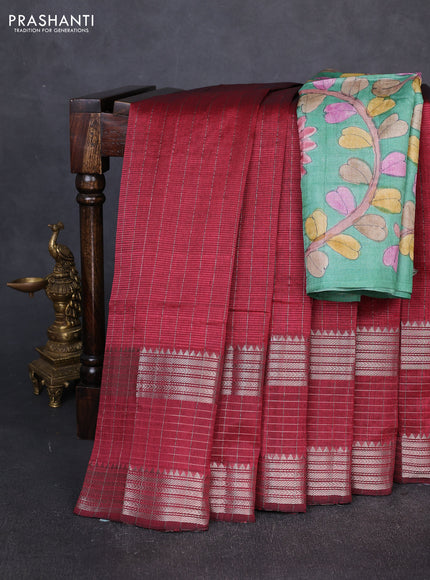 Mangalgiri silk cotton saree maroon and green with allover zari weaves and long silver zari woven border