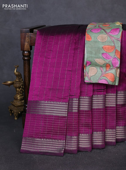 Mangalgiri silk cotton saree purple and green shade with allover zari weaves and long silver zari woven border