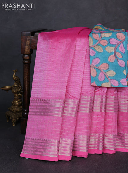 Mangalgiri silk cotton saree light pink and teal green with allover zari weaves and long silver zari woven border