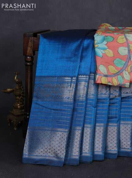 Mangalgiri silk cotton saree peacock blue and peach shade with plain body and long silver zari woven border