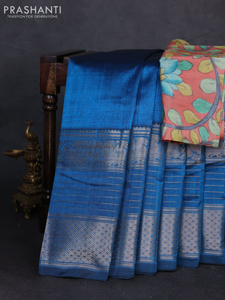 Mangalgiri silk cotton saree peacock blue and peach shade with plain body and long silver zari woven border