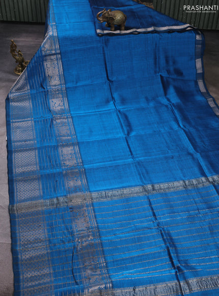 Mangalgiri silk cotton saree peacock blue and peach shade with plain body and long silver zari woven border