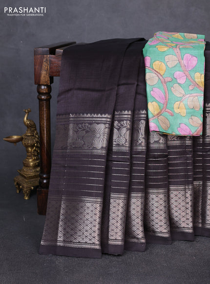 Mangalgiri silk cotton saree deep jamun and green with plain body and long silver zari woven border