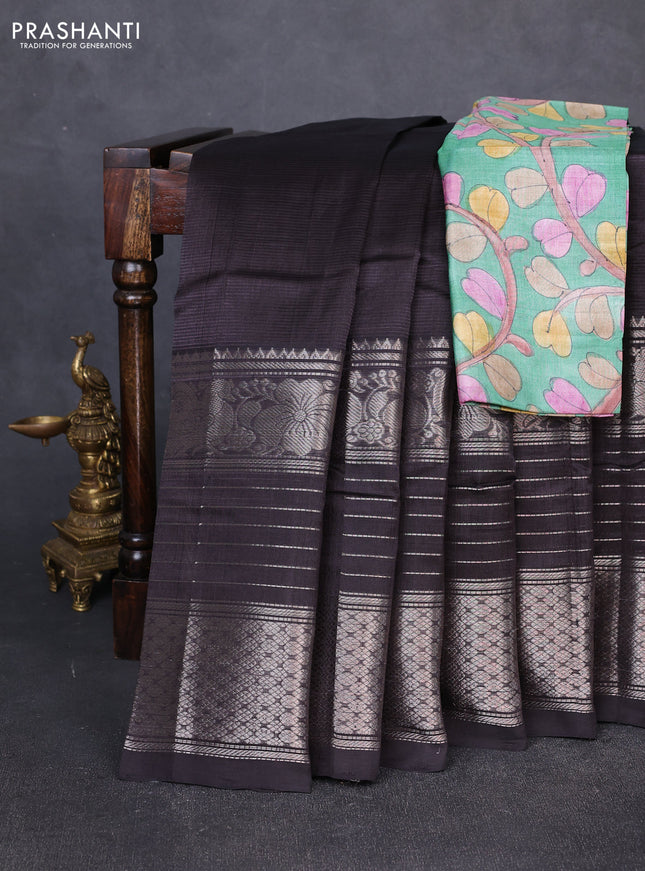 Mangalgiri silk cotton saree deep jamun and green with plain body and long silver zari woven border