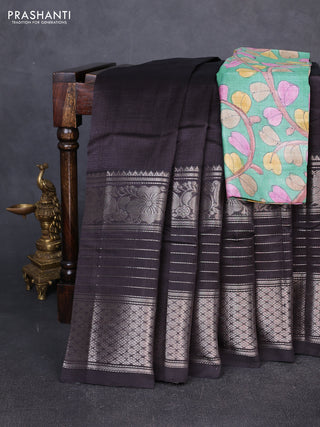 Mangalgiri silk cotton saree deep jamun and green with plain body and long silver zari woven border