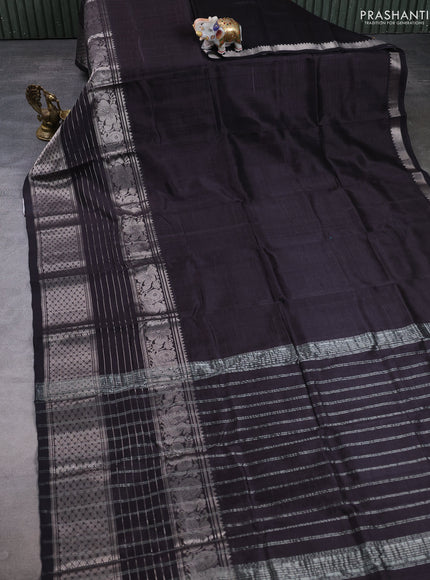 Mangalgiri silk cotton saree deep jamun and green with plain body and long silver zari woven border