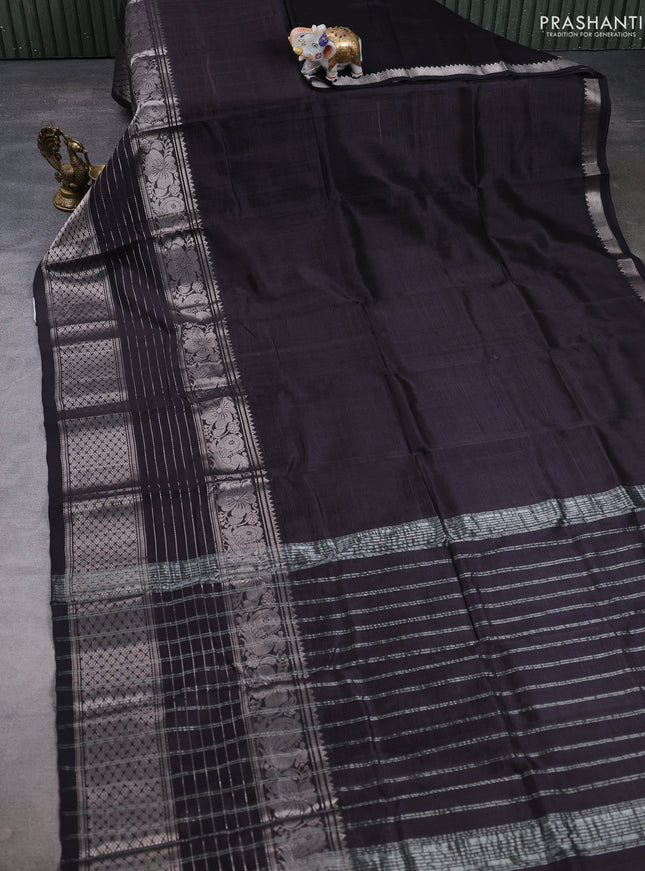 Mangalgiri silk cotton saree deep jamun and green with plain body and long silver zari woven border