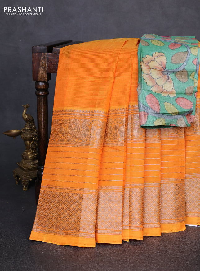 Mangalgiri silk cotton saree mustard yellow and green with plain body and long silver zari woven border
