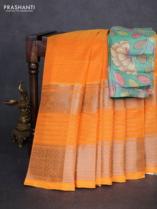 Mangalgiri silk cotton saree mustard yellow and green with plain body and long silver zari woven border