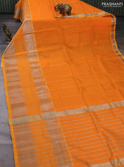 Mangalgiri silk cotton saree mustard yellow and green with plain body and long silver zari woven border