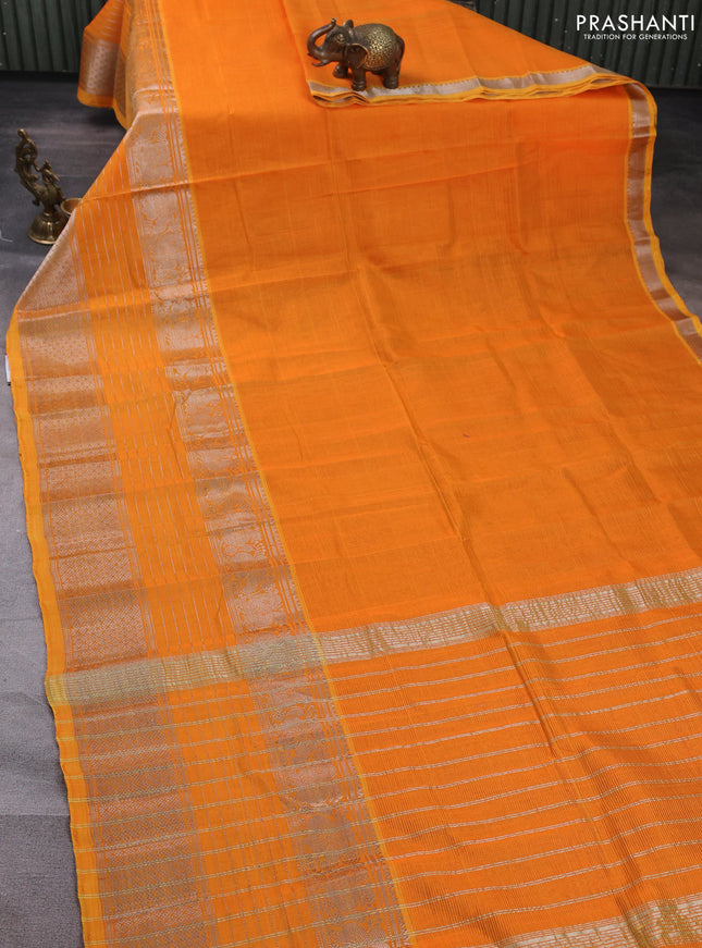 Mangalgiri silk cotton saree mustard yellow and green with plain body and long silver zari woven border