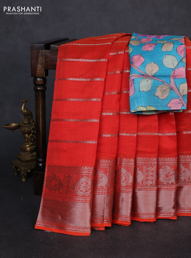 Mangalgiri silk cotton saree orange and teal blue with allover silver zari weaves and annam silver zari woven border