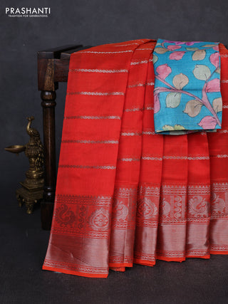 Mangalgiri silk cotton saree orange and teal blue with allover silver zari weaves and annam silver zari woven border