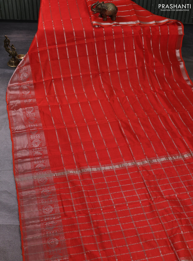 Mangalgiri silk cotton saree orange and teal blue with allover silver zari weaves and annam silver zari woven border
