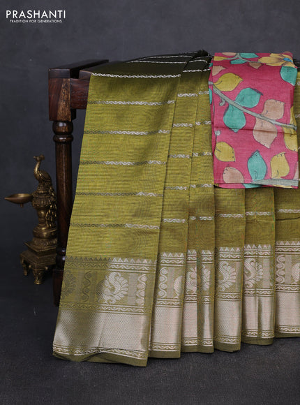 Mangalgiri silk cotton saree mehendi green and pink shade with allover silver zari weaves and annam silver zari woven border