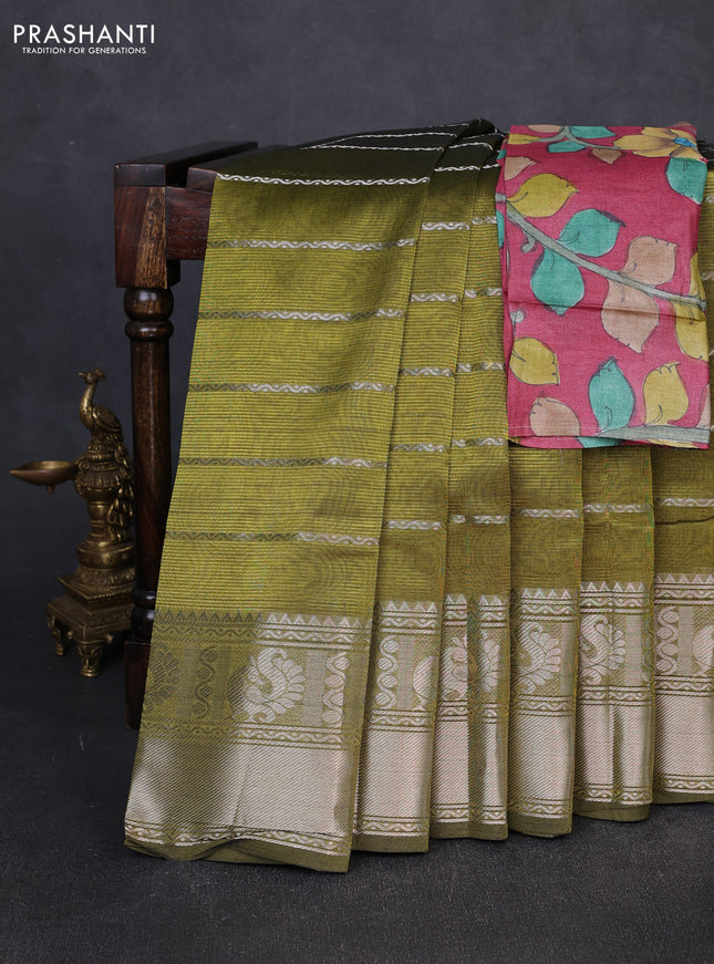 Mangalgiri silk cotton saree mehendi green and pink shade with allover silver zari weaves and annam silver zari woven border