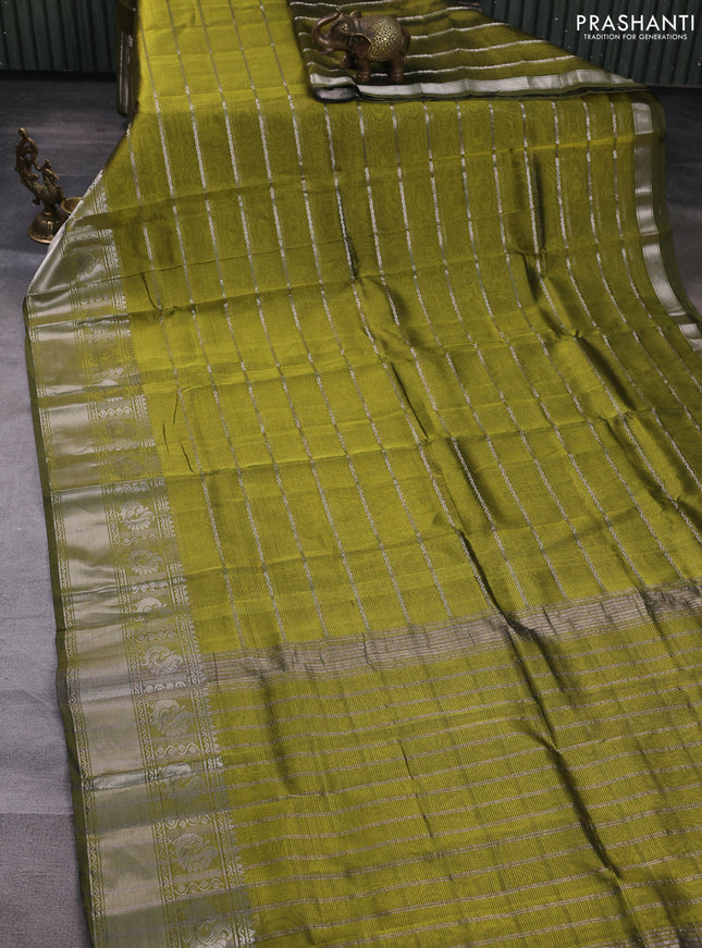 Mangalgiri silk cotton saree mehendi green and pink shade with allover silver zari weaves and annam silver zari woven border