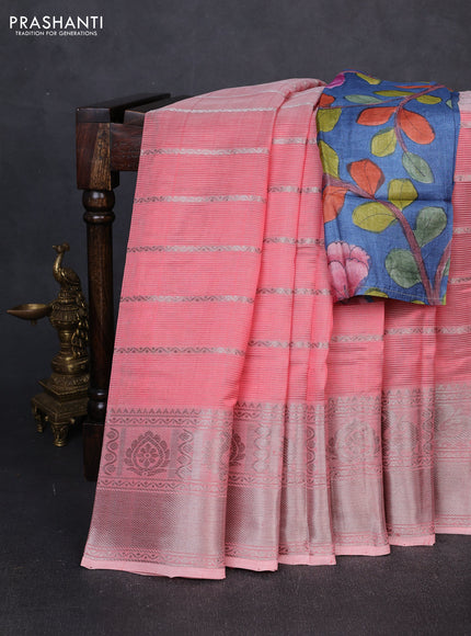 Mangalgiri silk cotton saree peach and bluish grey with allover silver zari weaves and annam silver zari woven border