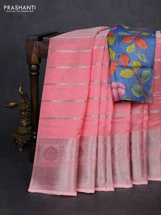 Mangalgiri silk cotton saree peach and bluish grey with allover silver zari weaves and annam silver zari woven border