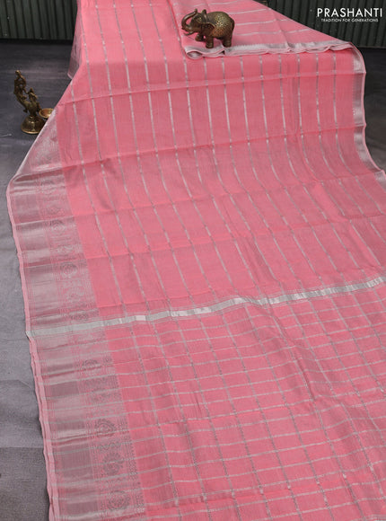Mangalgiri silk cotton saree peach and bluish grey with allover silver zari weaves and annam silver zari woven border