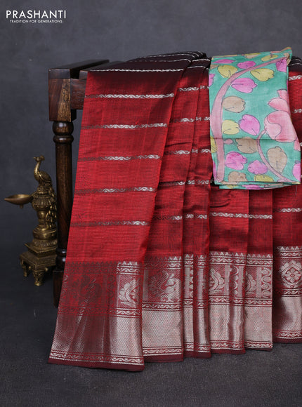 Mangalgiri silk cotton saree maroon and green with allover silver zari weaves and annam silver zari woven border