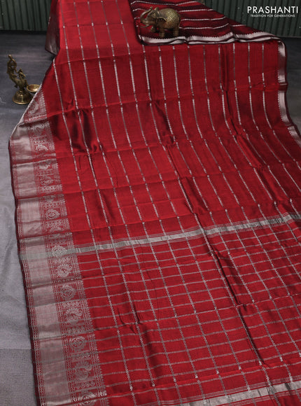 Mangalgiri silk cotton saree maroon and green with allover silver zari weaves and annam silver zari woven border