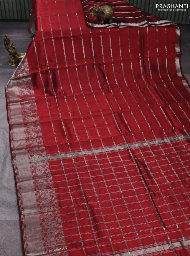 Mangalgiri silk cotton saree maroon and green with allover silver zari weaves and annam silver zari woven border