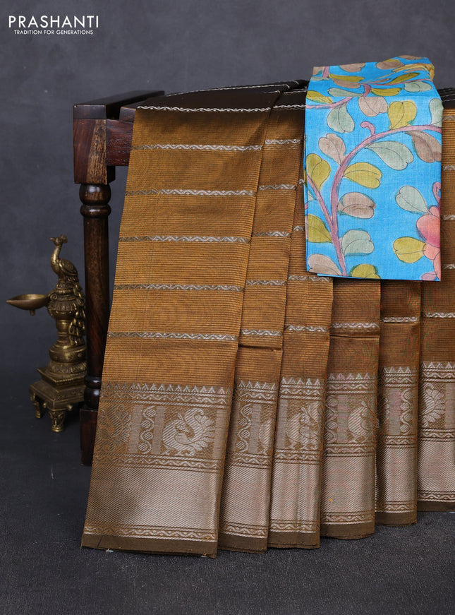 Mangalgiri silk cotton saree dark mustard yellow and cs blue with allover silver zari weaves and annam silver zari woven border
