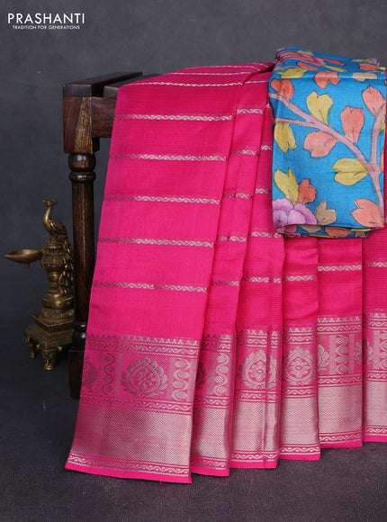 Mangalgiri silk cotton saree pink and cs blue with allover silver zari weaves and annam silver zari woven border