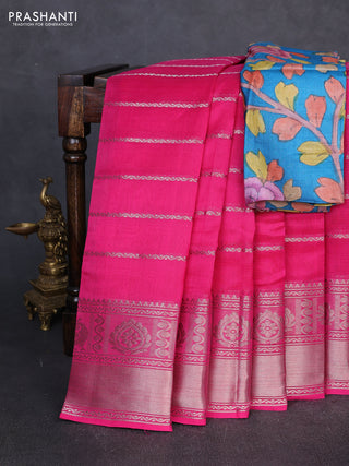 Mangalgiri silk cotton saree pink and cs blue with allover silver zari weaves and annam silver zari woven border