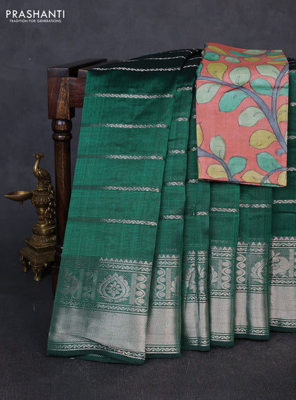 Mangalgiri silk cotton saree green and orange with allover silver zari weaves and annam silver zari woven border