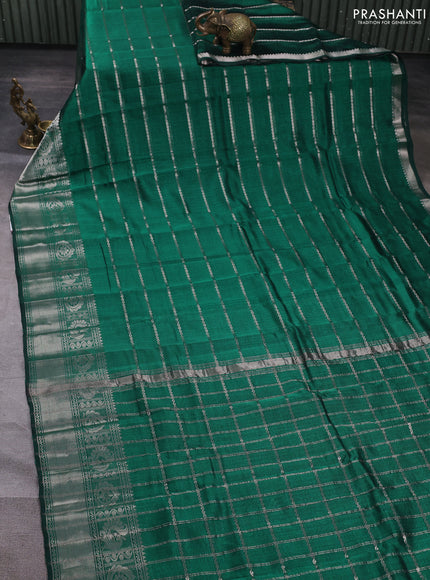 Mangalgiri silk cotton saree green and orange with allover silver zari weaves and annam silver zari woven border