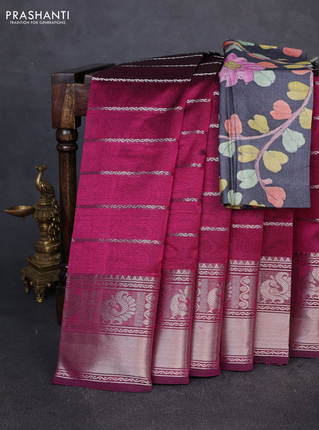 Mangalgiri silk cotton saree dark magenta pink and elephant grey with allover silver zari weaves and annam silver zari woven border