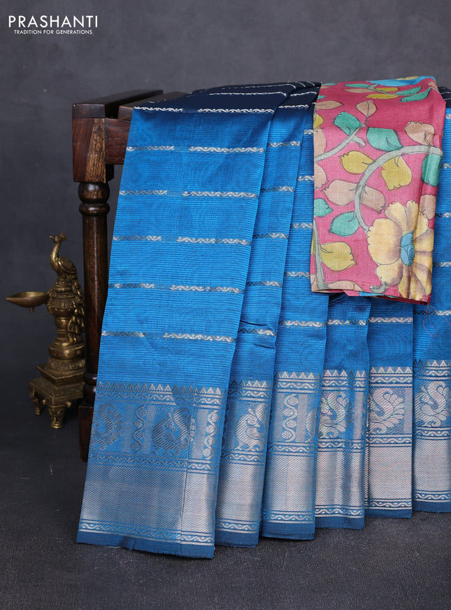 Mangalgiri silk cotton saree blue and maroon shade with allover silver zari weaves and annam silver zari woven border